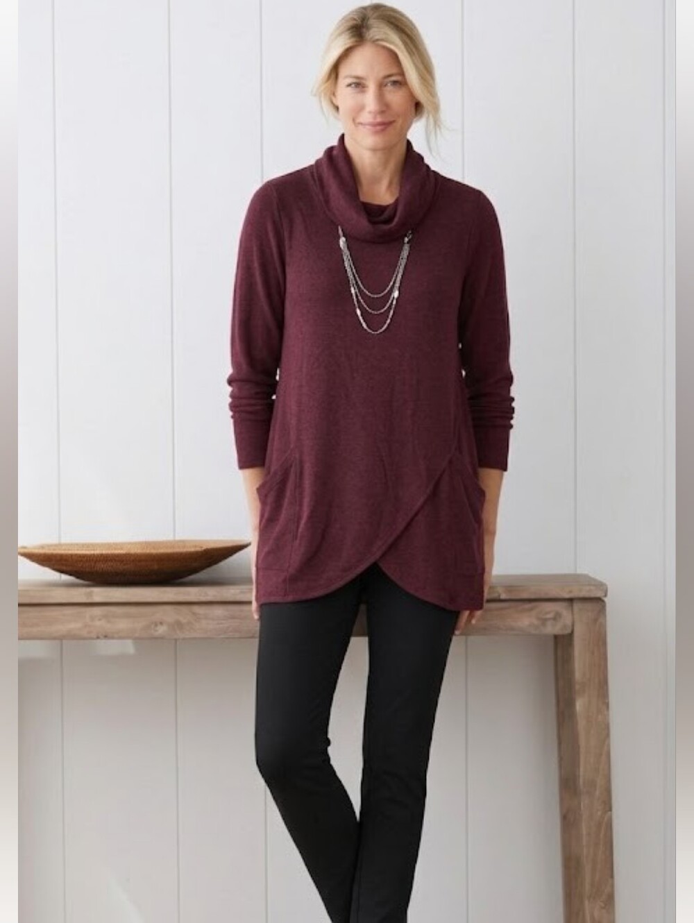 J. Jill Purejill Burgundy Cowl Neck Tunic Sweater Pockets Soft Warm Sz M